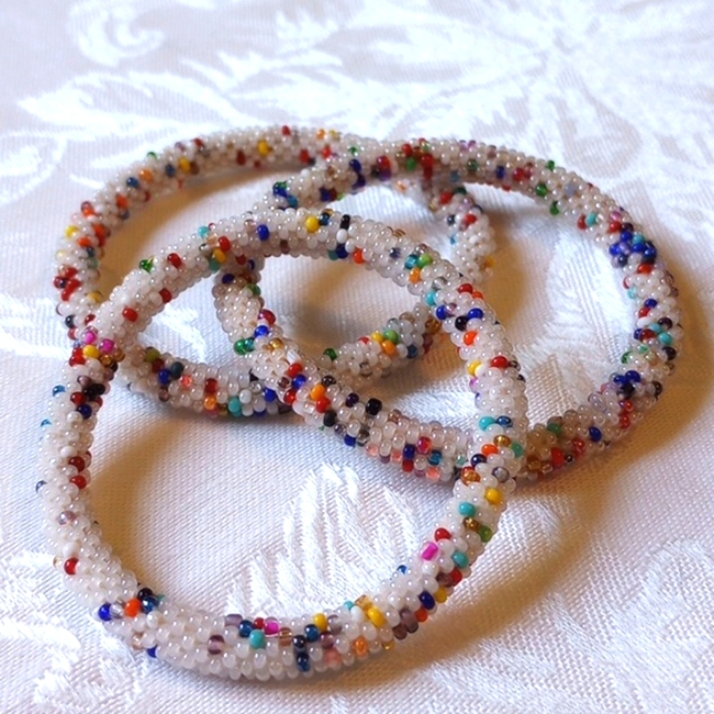 HAND CRAFTED Glass Beaded Roll On Bracelets (set of 3) Confetti Sprinkles White